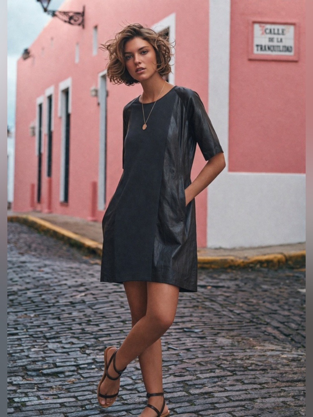 Vince Black Leather Sleeve Mini Dress Size S Short Sleeve Minimalist Mob Wife‎